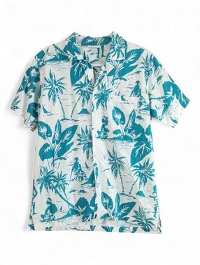 Vintage Sears Mens Store Hawaiian Shirt Medium White Turqouise Islanders Casual